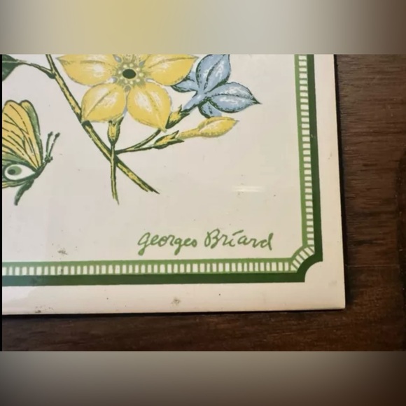 Vintage Georges Briard Walnut Cheese Tray MCM Blue Yellow Flowers - Picture 5 of 11